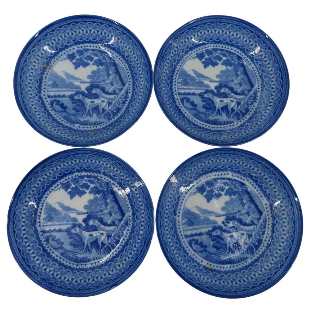 Antique Set of 4 Blue White Staffordshire Hunting Men Dogs 5.5in Saucers Bowls